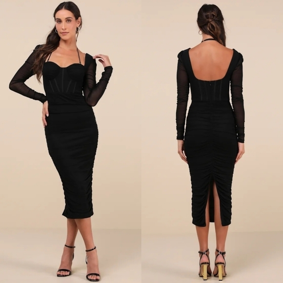 Lulus Dresses & Skirts - Lulus Dramatic Demure Black Mesh Halter Bustier Midi Dress M Wedding Party